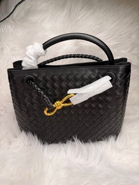 Black Woven Leather Top-Handle Bag with Gold Hardware